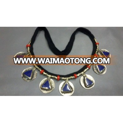 (KN-00001) Afghan Beaded coin Necklace lapis